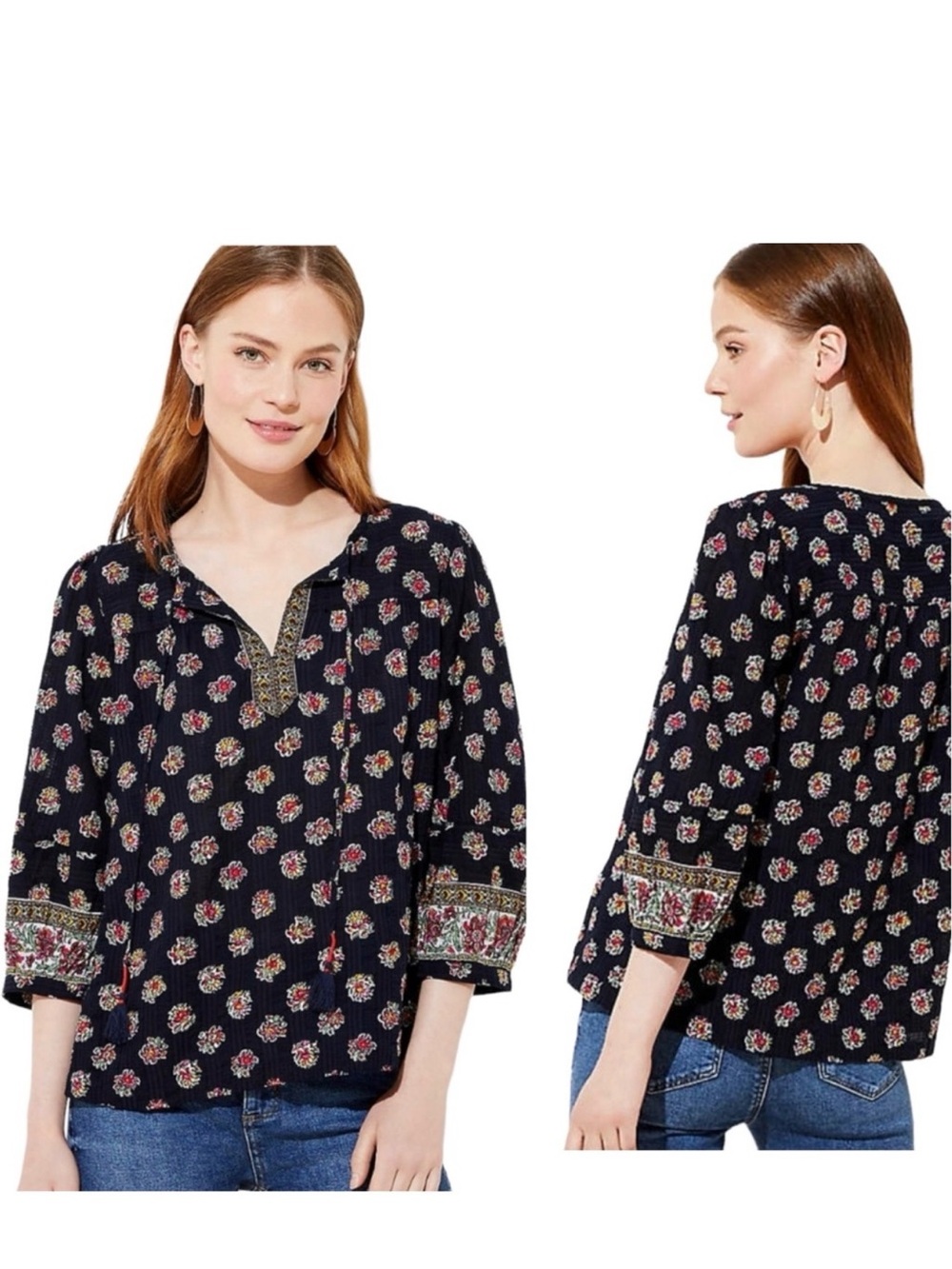 LOFT Bloom Split Neck Boho Blouse Size XS